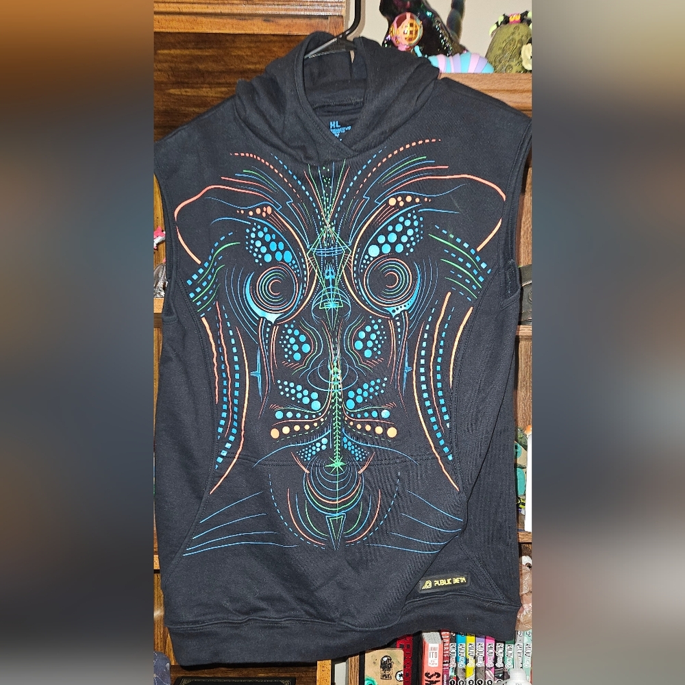 Raver Hoodie Vest Mens XL Public Beta UV Psychedelic Festival Wear - Picture 2 of 10